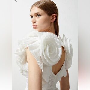 White Dress / Drama Pleat Ruffle Rosette Woven Maxi Dress